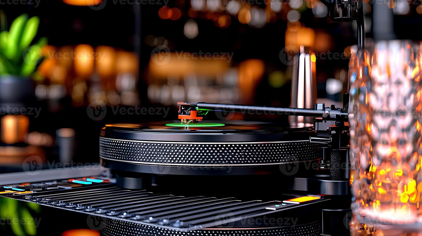 Close-up of a vintage turntable playing a record in a dimly lit bar with vibrant background lights photo