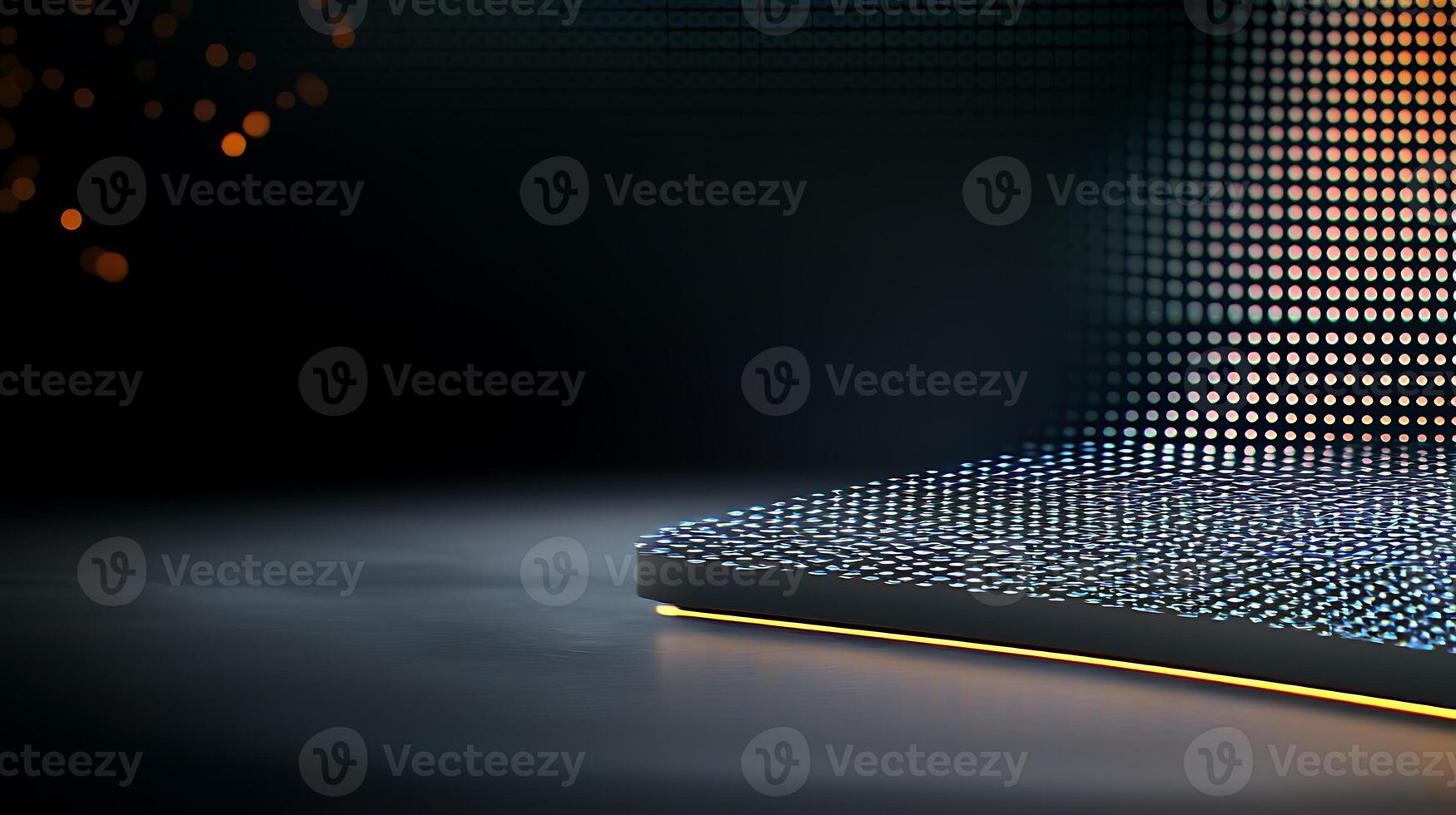 Close-up of a sleek, illuminated surface with a gradient of colorful dots against a dark background photo