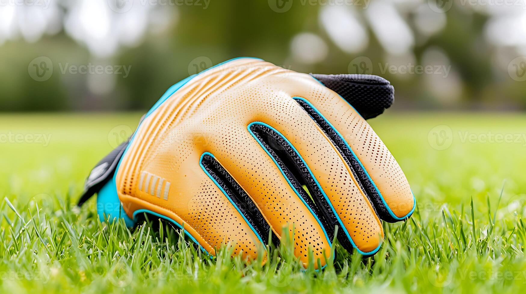 Close-up of a single sports glove resting on lush green grass in a sunny outdoor setting photo