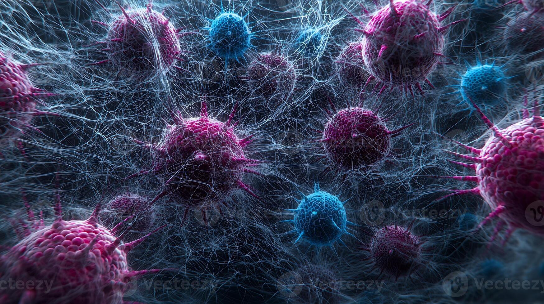 Close-up of colorful microscopic viruses surrounded by intricate web-like structures in dark background photo