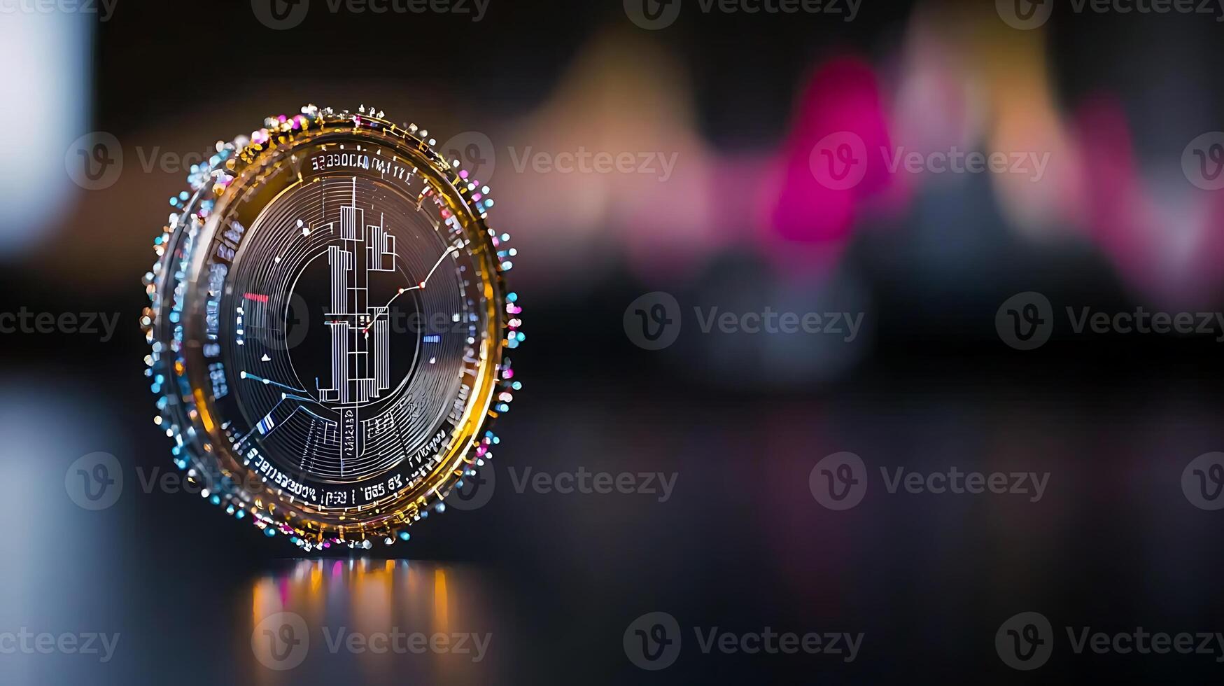 Close-up of a shiny cryptocurrency coin on a reflective surface with blurred financial charts in background photo