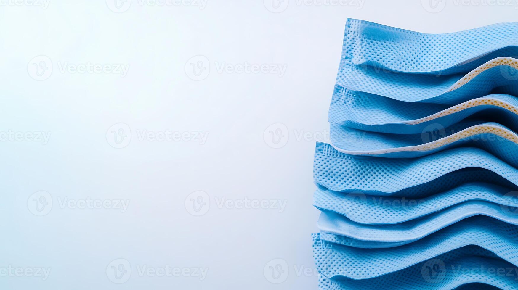 Close-up of folded blue textured fabric showcasing intricate patterns against a light background photo
