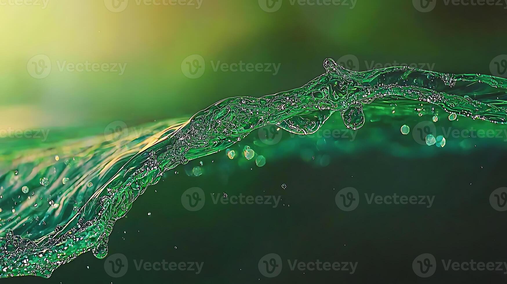 Close-up of a vibrant green water wave splashing against a blurred natural background photo