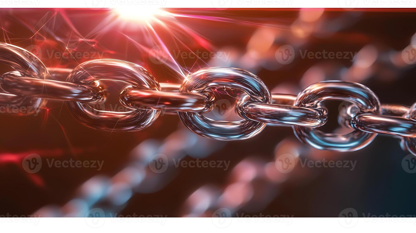 Close-up of shiny metallic chain links with vibrant lighting effects in a blurred background photo