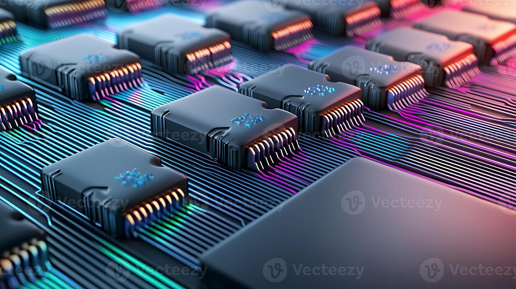 Close-up view of a vibrant circuit board showcasing intricate microchips and glowing connections photo