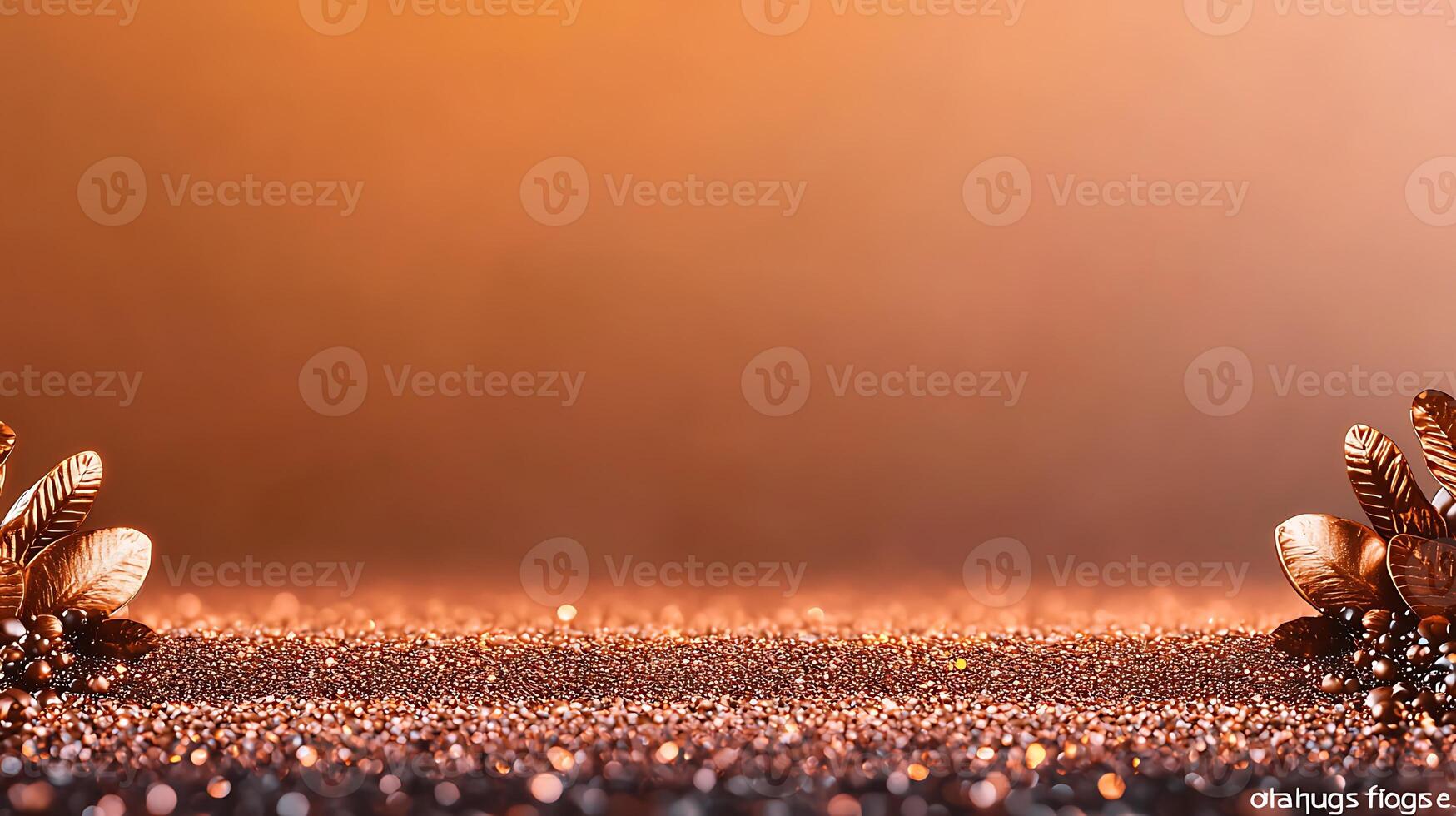 Close-up of shimmering golden particles with decorative leaves creating an elegant backdrop photo