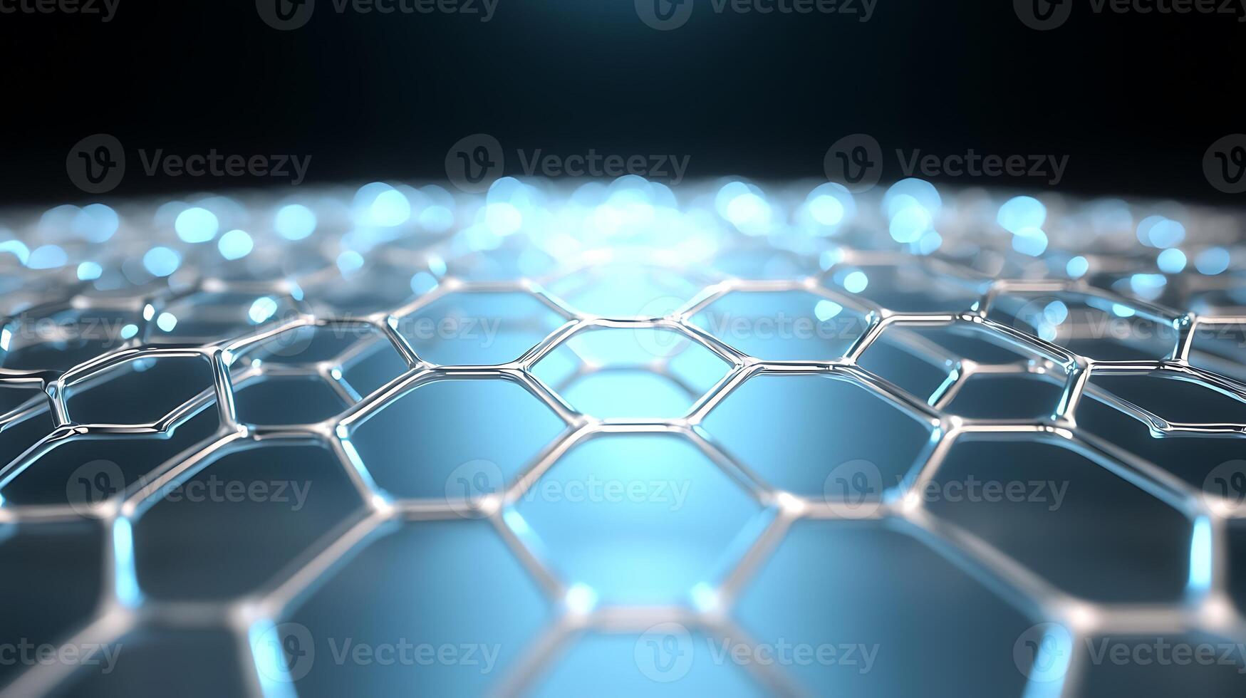 Close-up view of a hexagonal mesh structure illuminated with blue light, showcasing technology photo