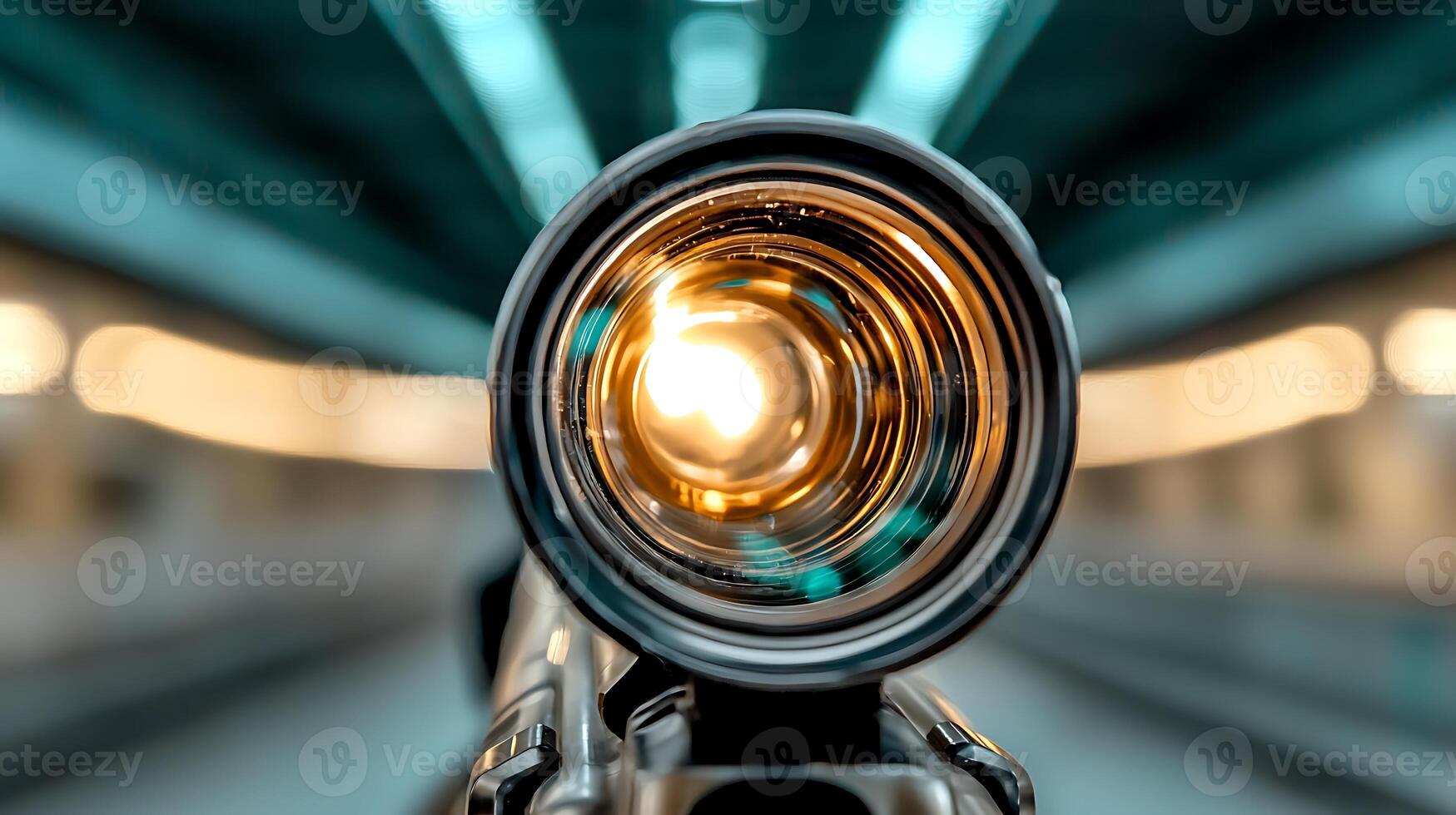 Close-up view of a camera lens capturing light in a modern urban environment photo