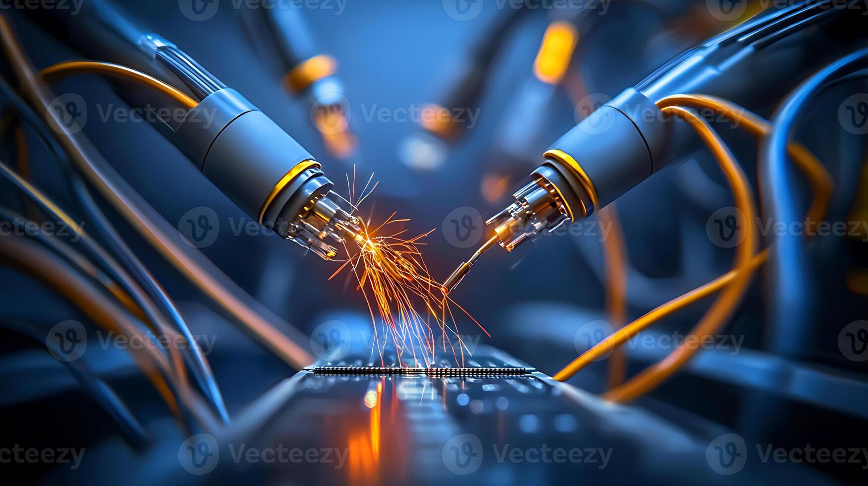 Close-up of two electrical connectors sparking while being joined, surrounded by vibrant cables photo