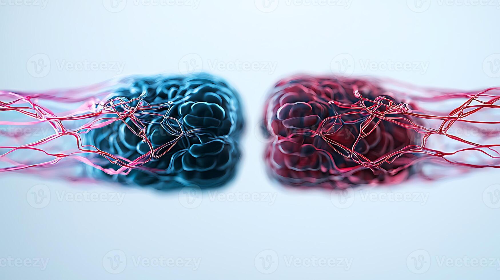 Close-up view of intertwined blue and red organic forms with intricate details, showcasing a dynamic interaction photo