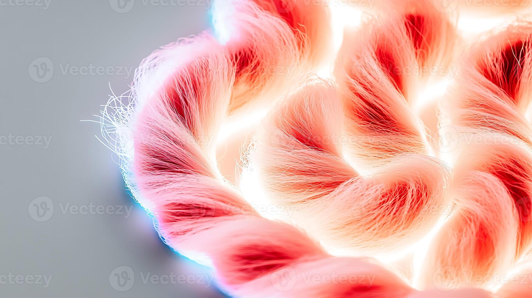 Close-up view of illuminated pink and white braided fibers creating a vibrant, abstract design photo