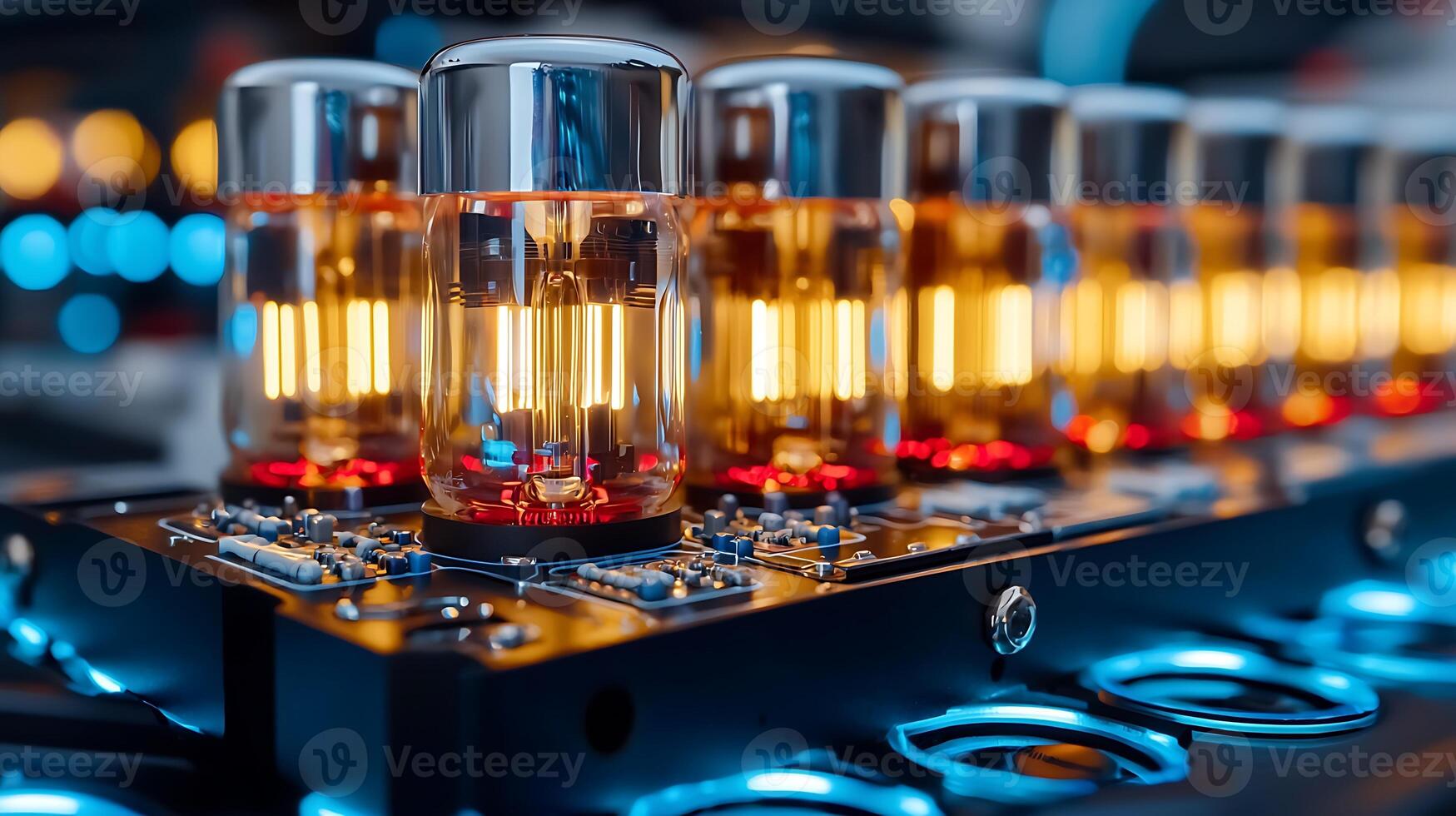 Close-up view of glowing vacuum tubes on a circuit board with vibrant blue and orange lighting photo