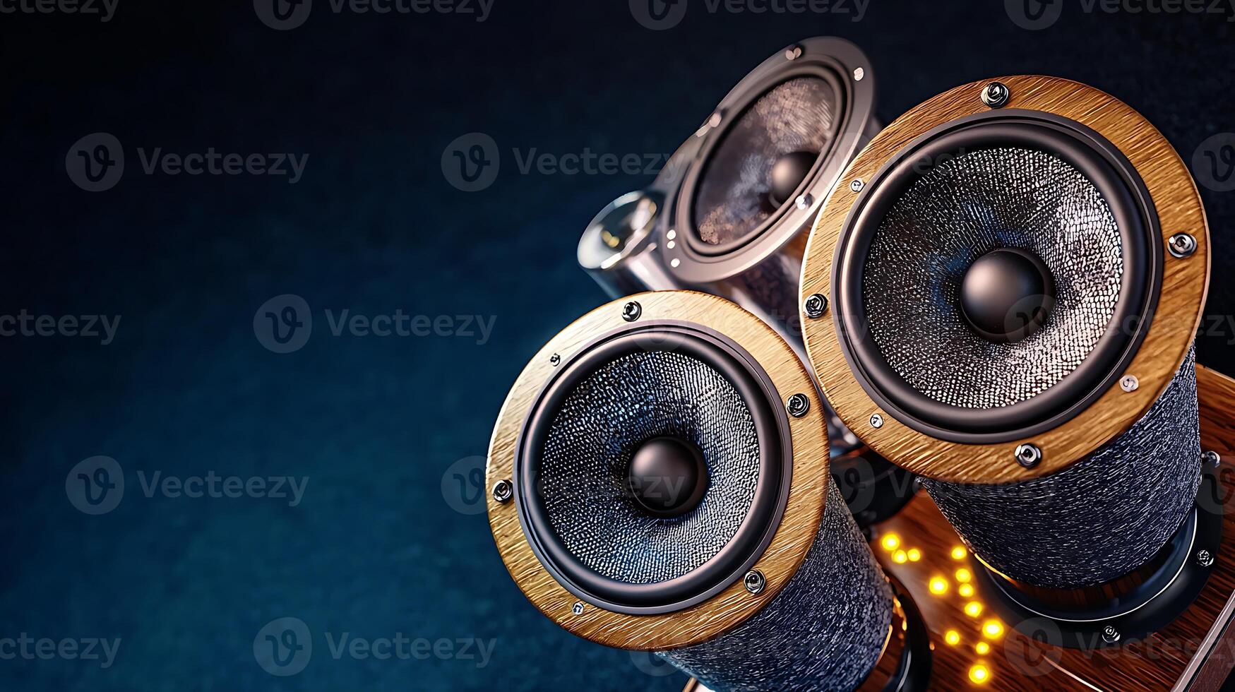 Close-up of stylish wooden speakers with textured cones against a dark blue background photo