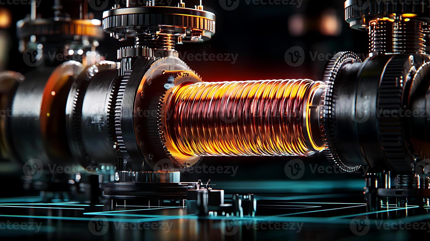 Close-up view of a futuristic energy conduit with glowing copper coils and intricate machinery photo