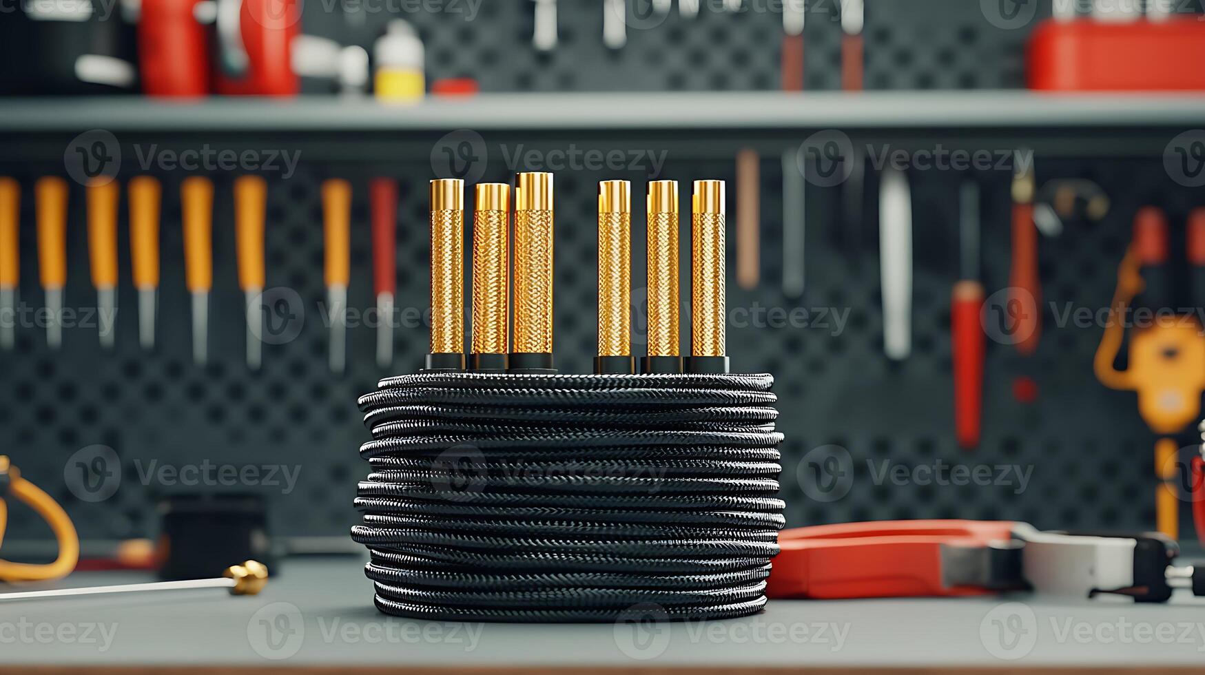 Close-up of neatly coiled black hoses with golden connectors on a workshop bench with tools photo