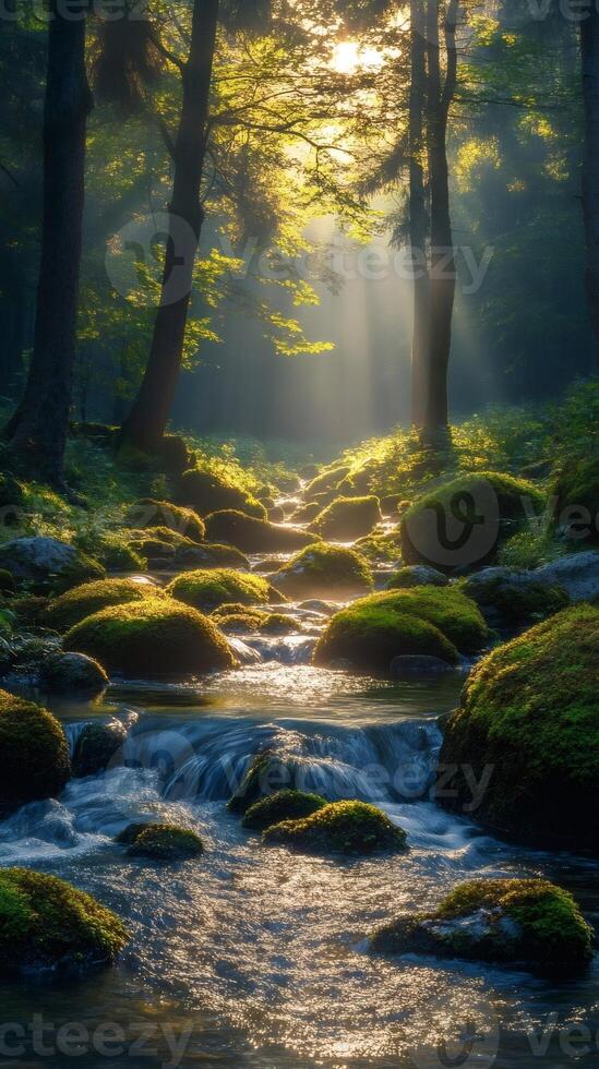 Sunbeams illuminating mossy rocks in a forest stream photo