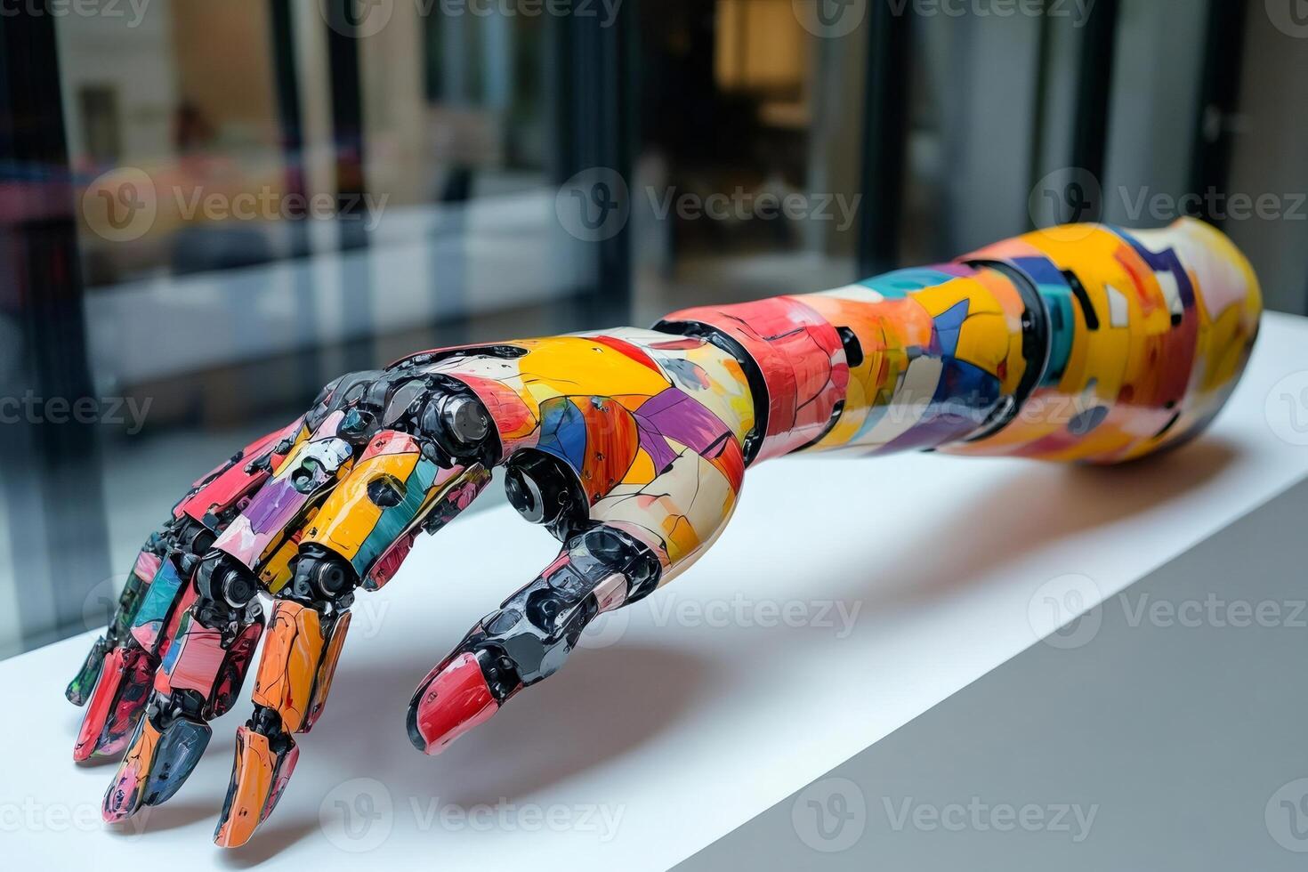 Colorful robotic arm resting on white surface photo