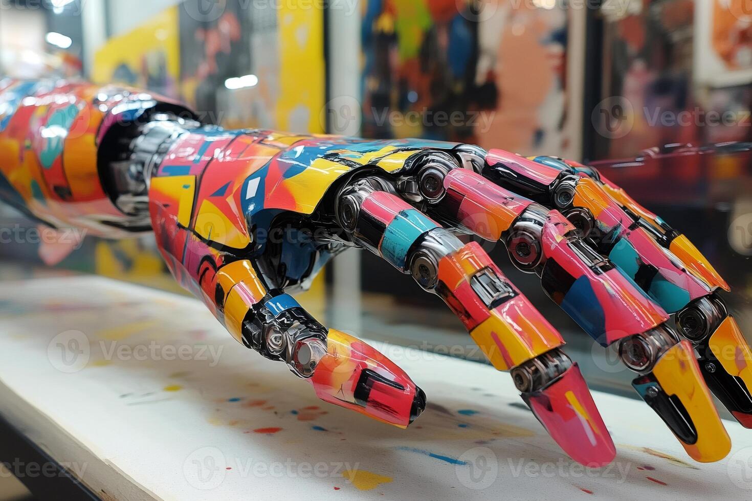 Colorful robotic arm reaching out in modern setting photo