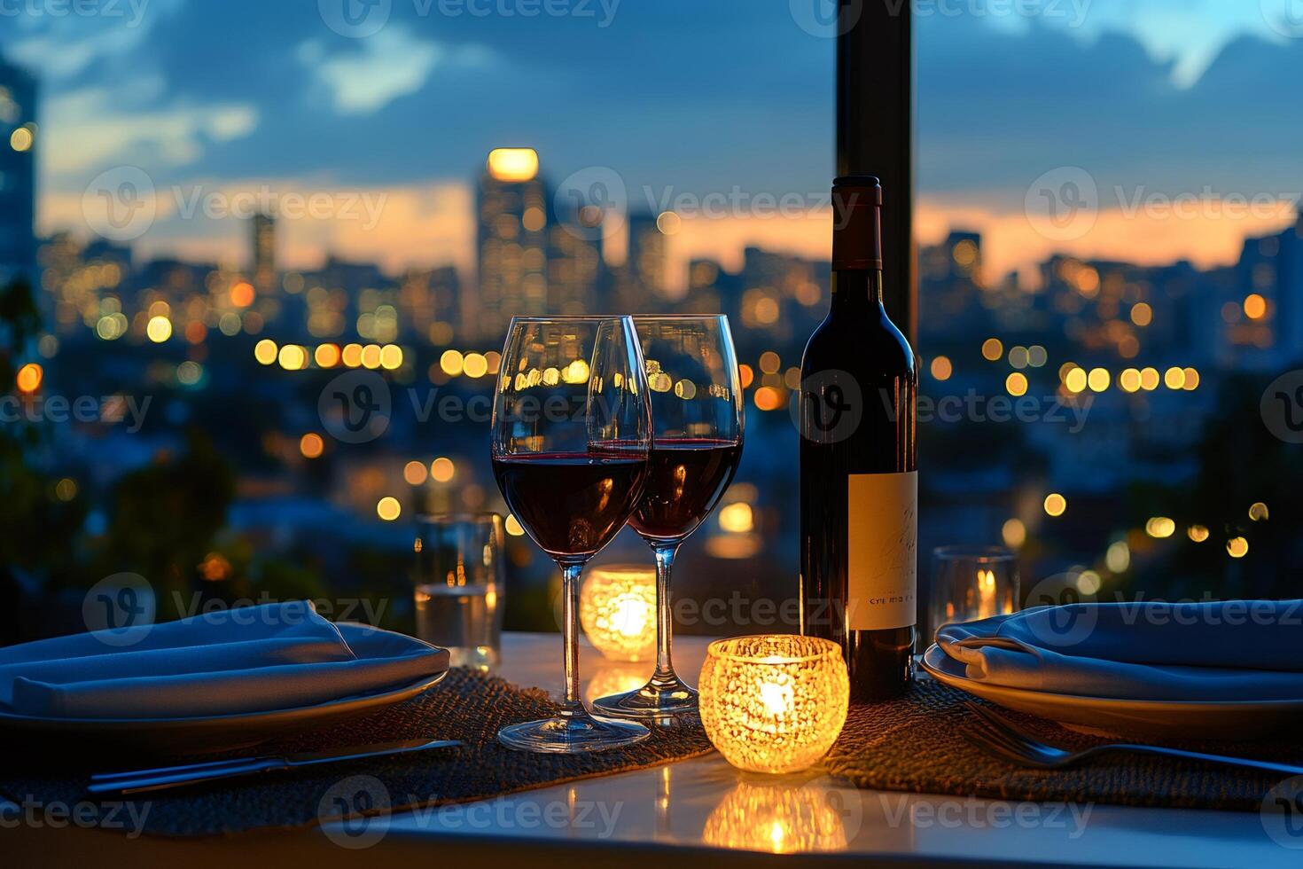 Romantic dinner with red wine and city view at sunset photo