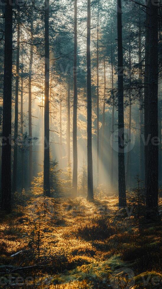 Golden sunlight filtering through misty forest at dawn photo