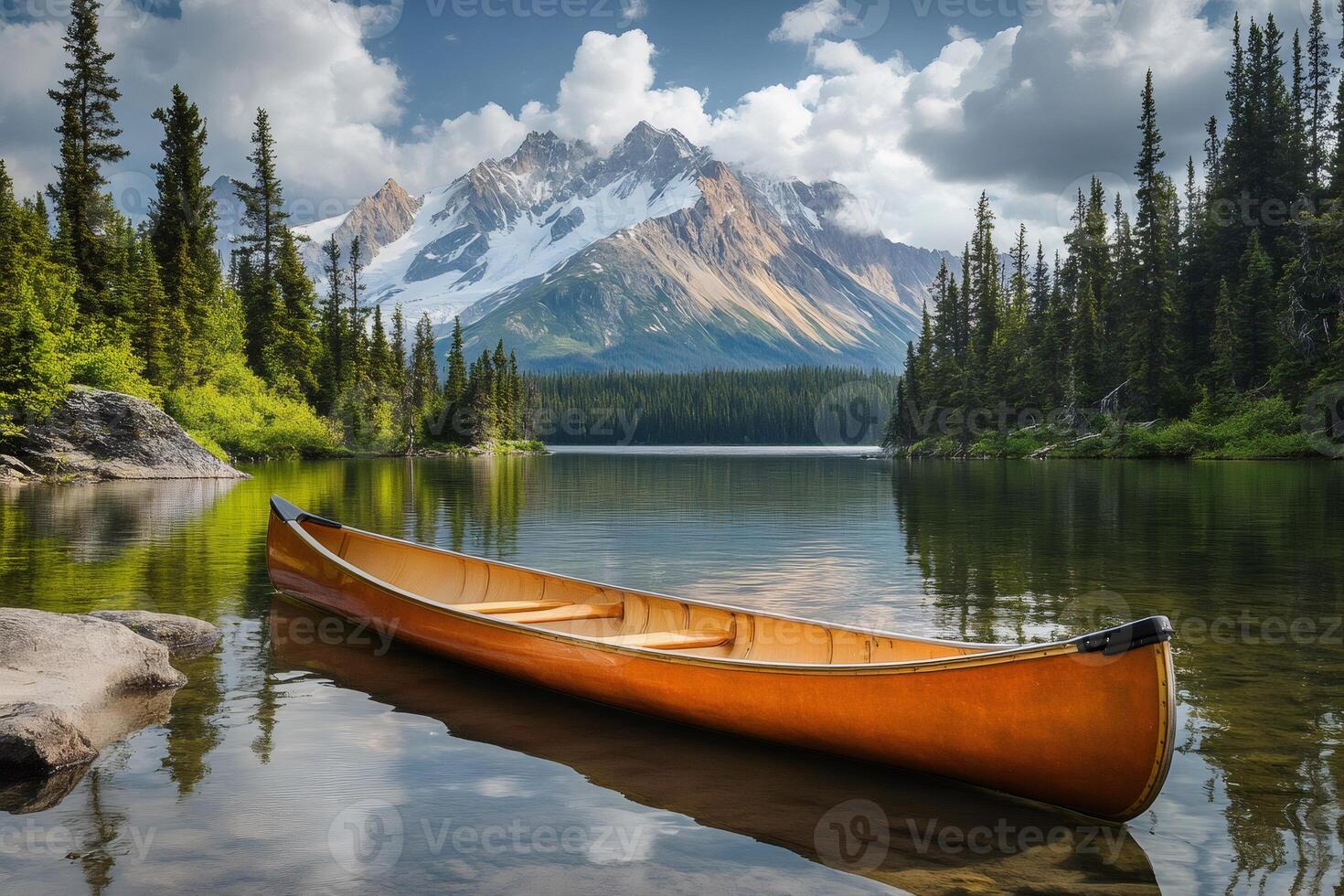 Wooden canoe resting on a tranquil lake with majestic mountain backdrop photo