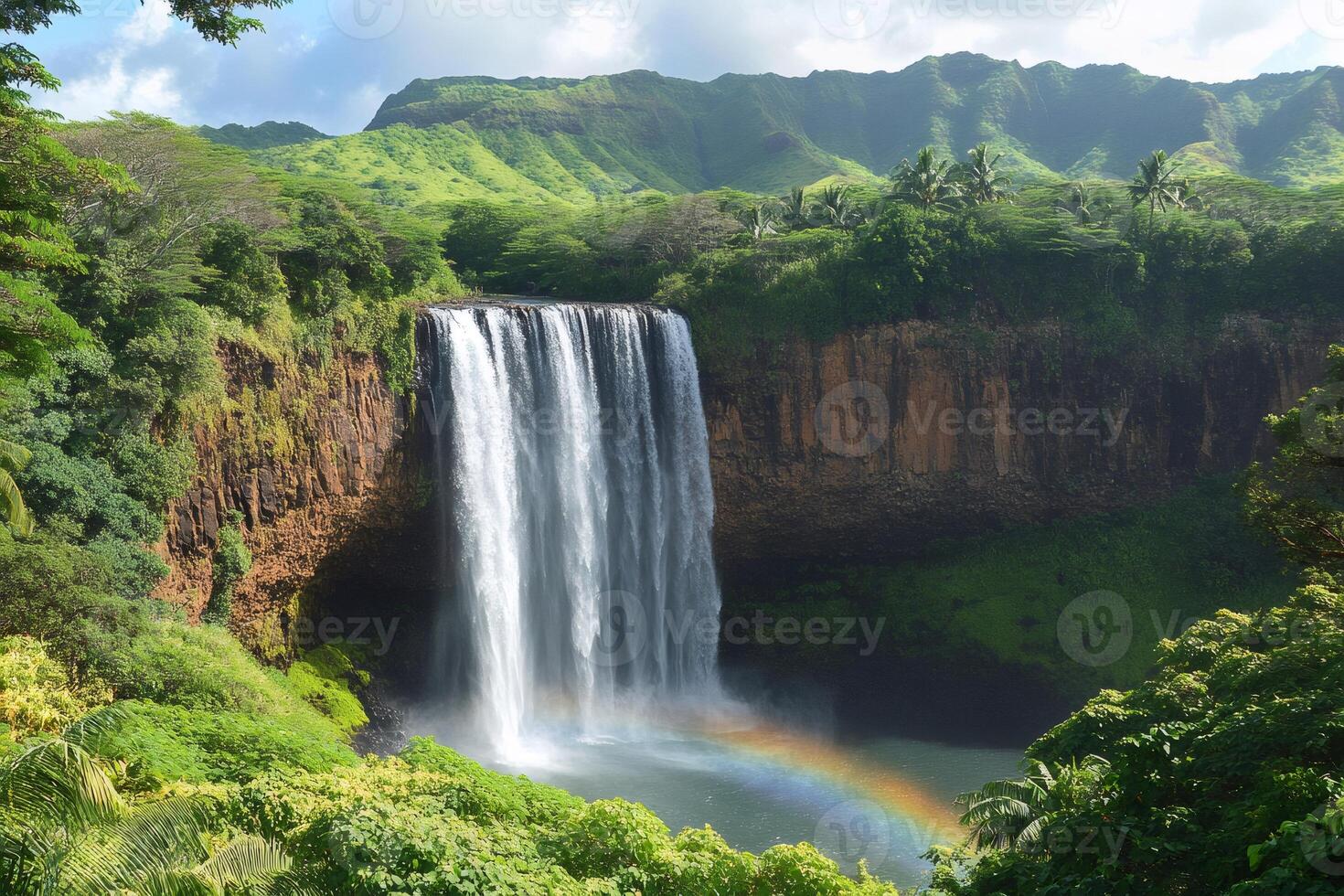 Wipwil falls cascading down a cliff in kauai, hawaii, creating a rainbow photo