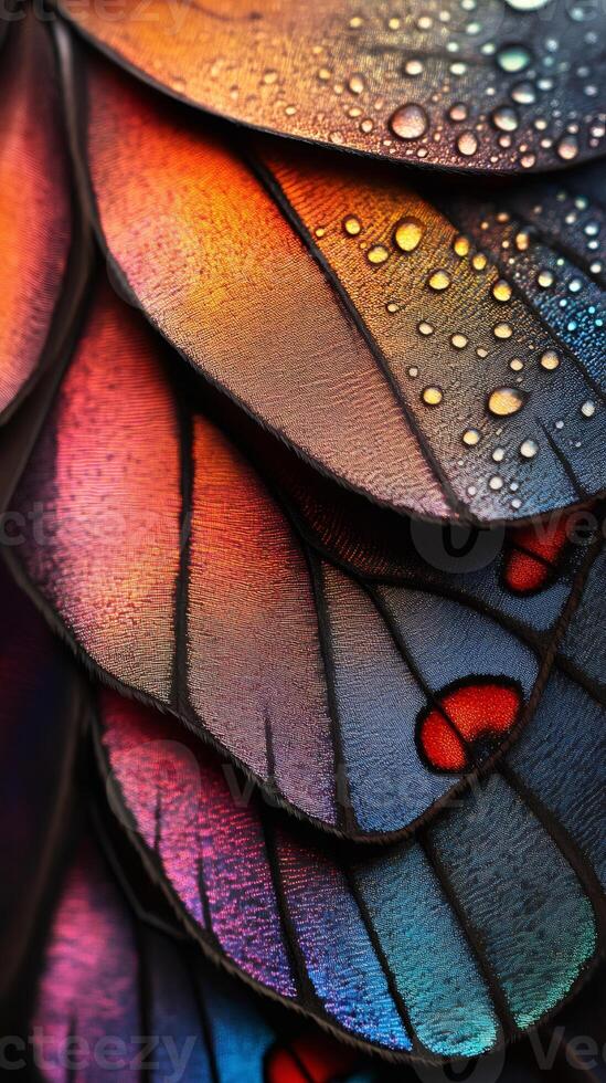 Colorful butterfly wings covered in dew showing iridescent colors photo