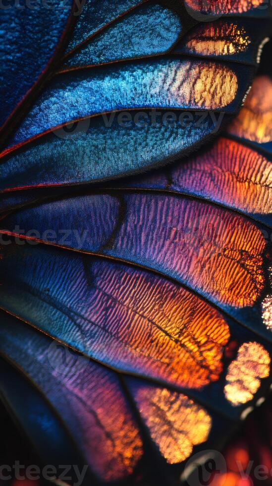 Close up of colorful butterfly wing showing intricate details and vibrant colors photo