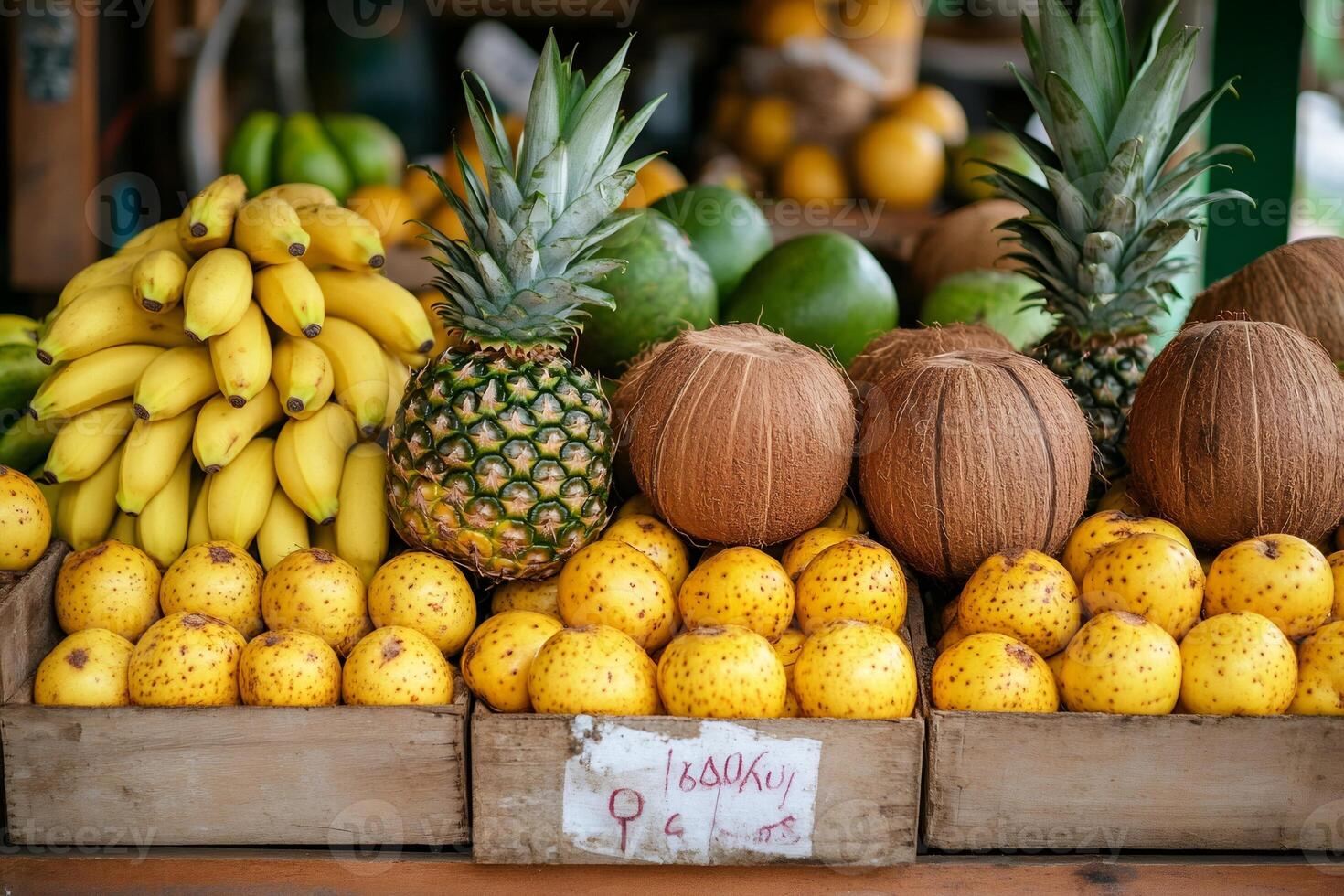 Fresh tropical fruits displayed on market stall showing coconuts, bananas and pineapples photo