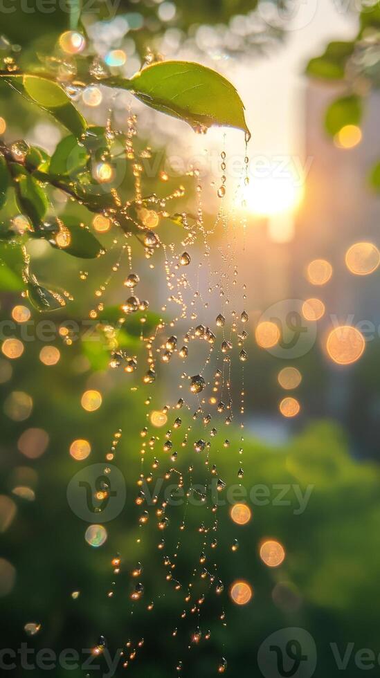 Dew drops hanging on spider web with sunlight reflecting at dawn photo