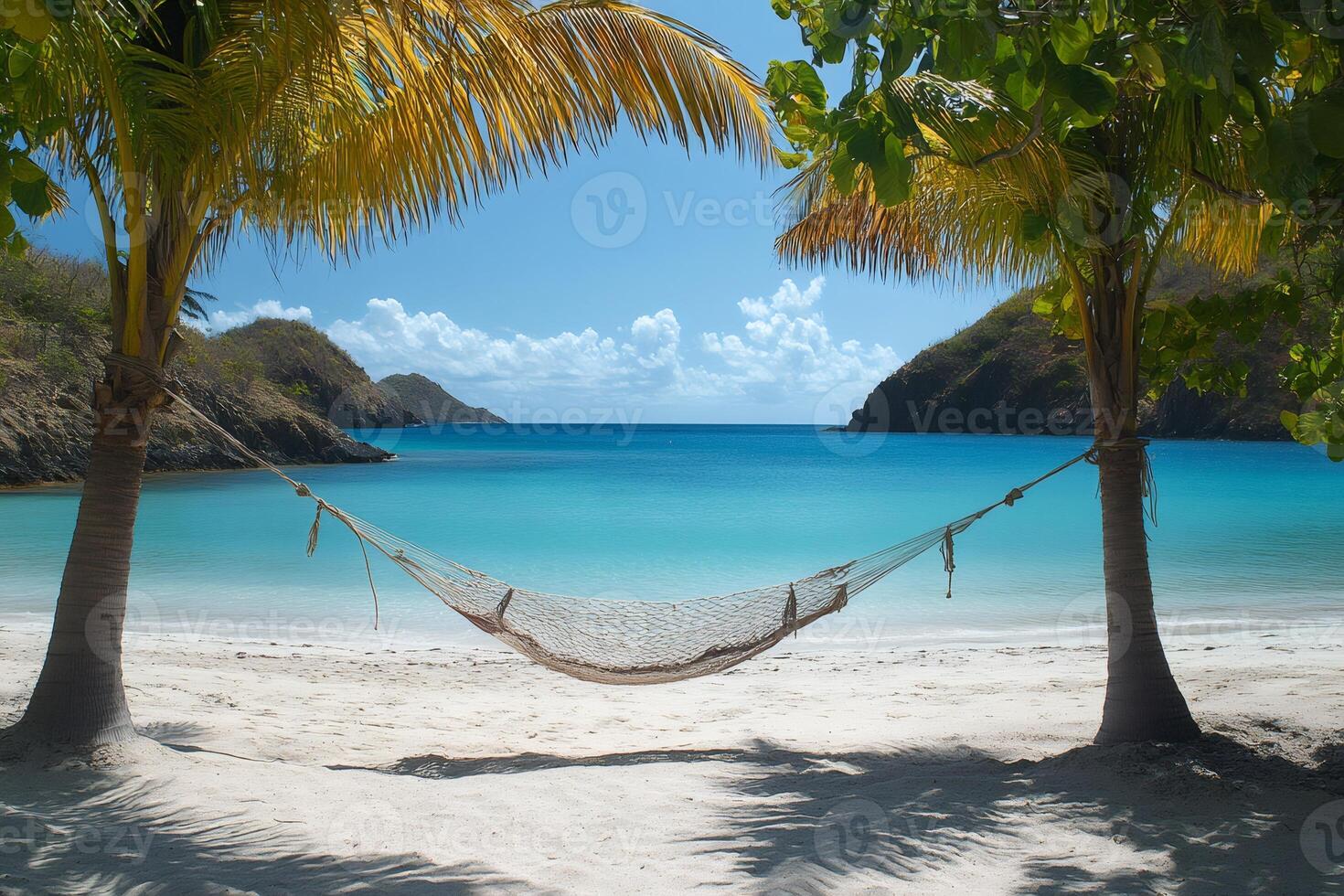 Hammock hanging between palm trees on tropical beach paradise photo