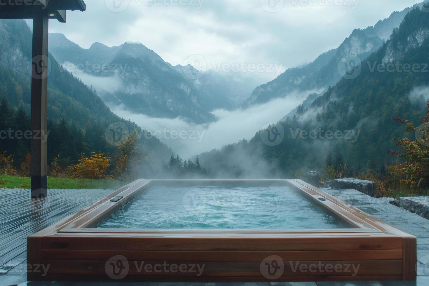 Hot tub steaming in the mountains offering breathtaking views photo