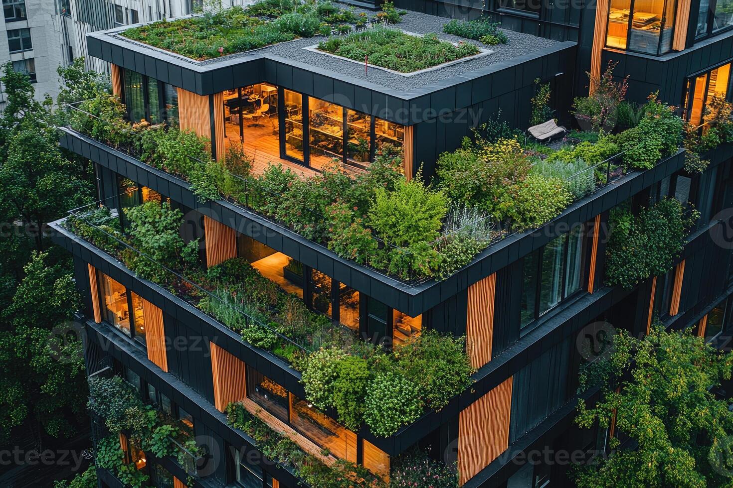 Modern green building showing sustainability with roof garden and terrace plants photo