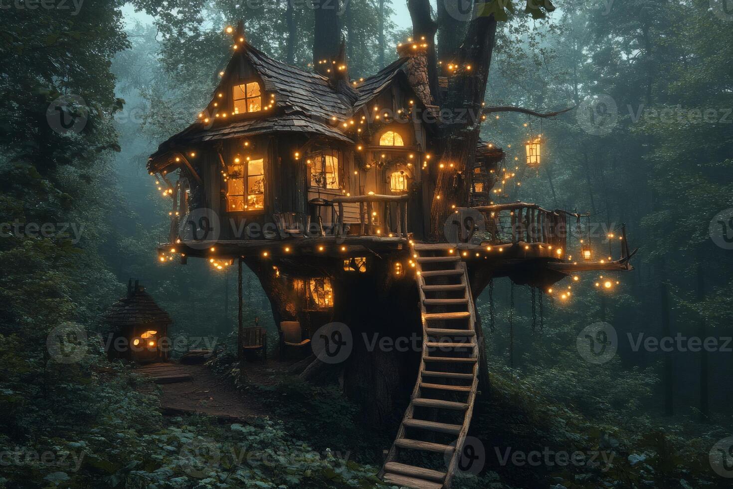 Fairytale treehouse shining in a misty forest at night photo