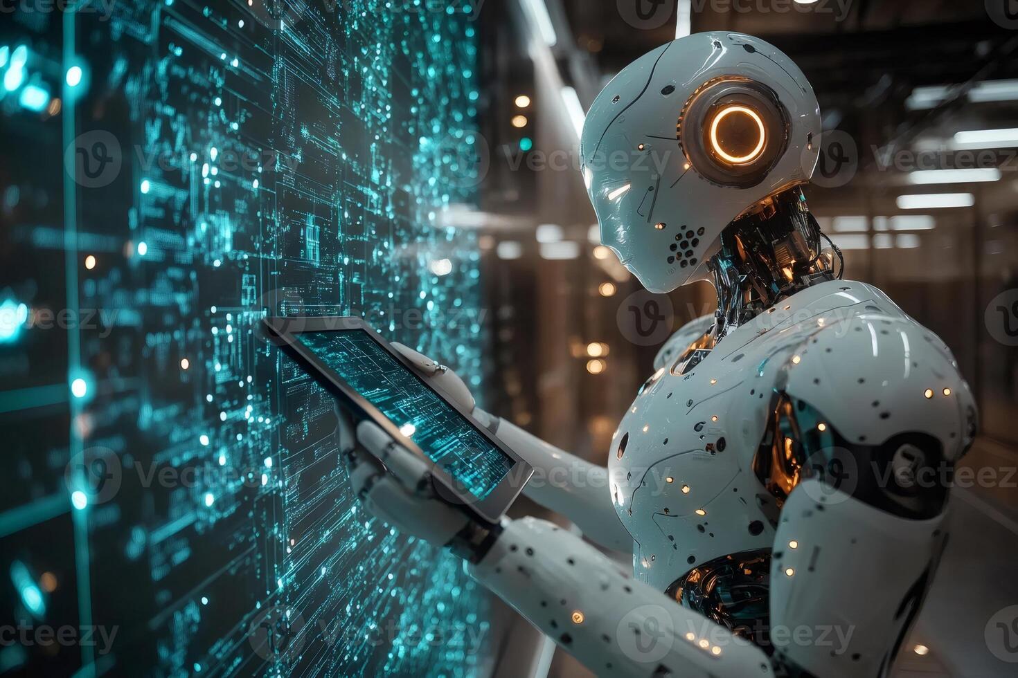 Robot using tablet analyzing data on futuristic screen in server room photo