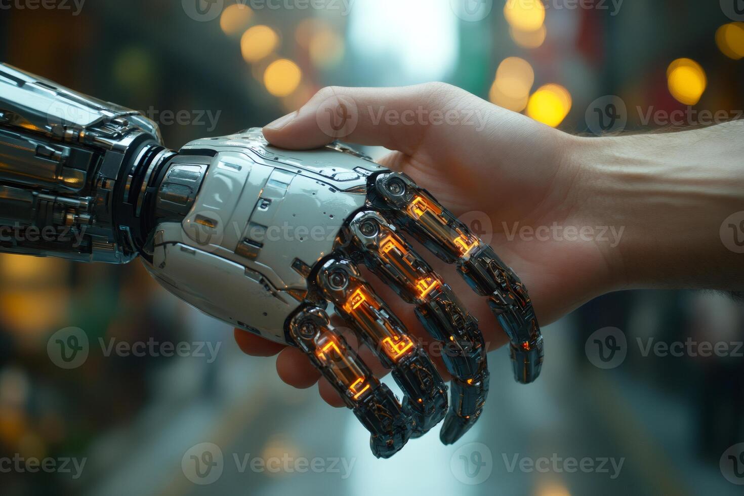 Human and robot shaking hands in technological city photo