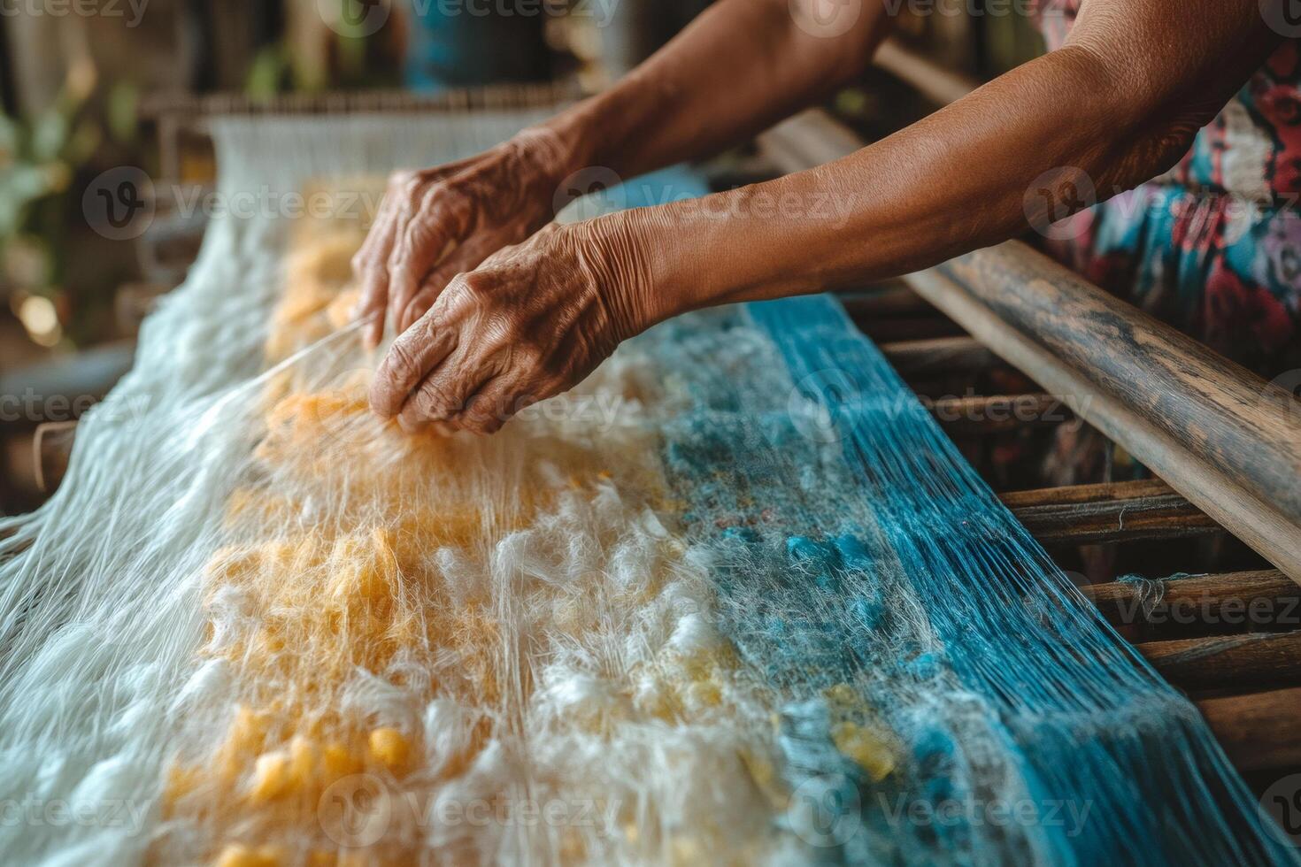 Artisan weaving silk threads on traditional loom photo