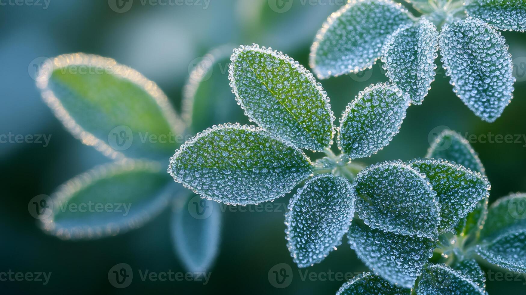 Dew drops covering green leaves in the early morning light photo