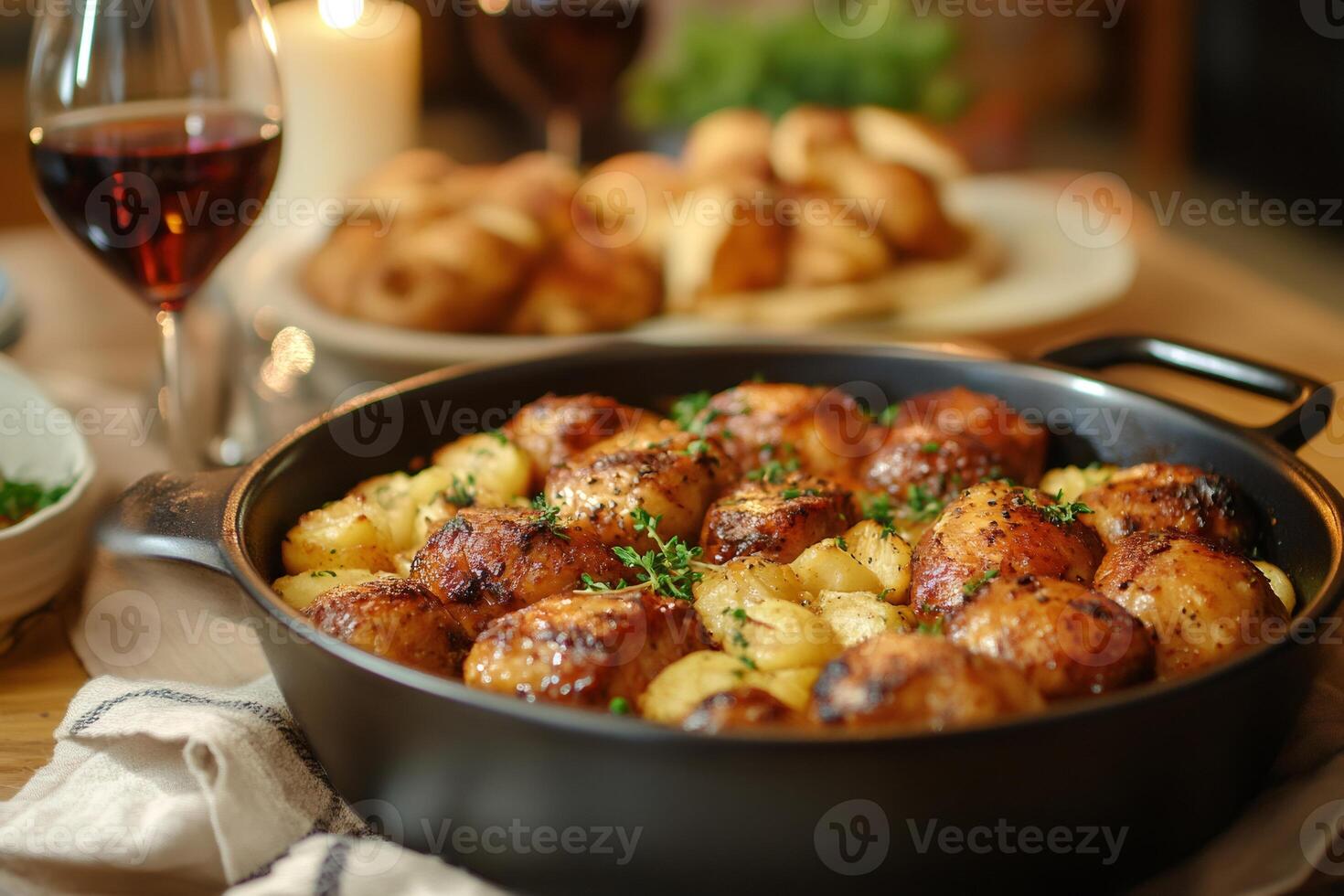 Delicious roasted chicken with potatoes and thyme enjoying a festive meal photo