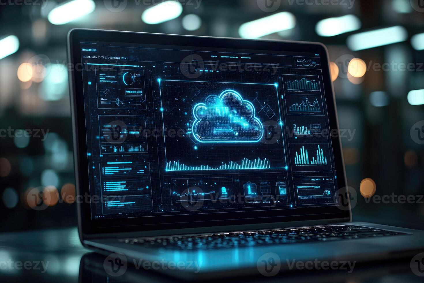 Cloud computing futuristic interface displaying on laptop screen in dark room photo