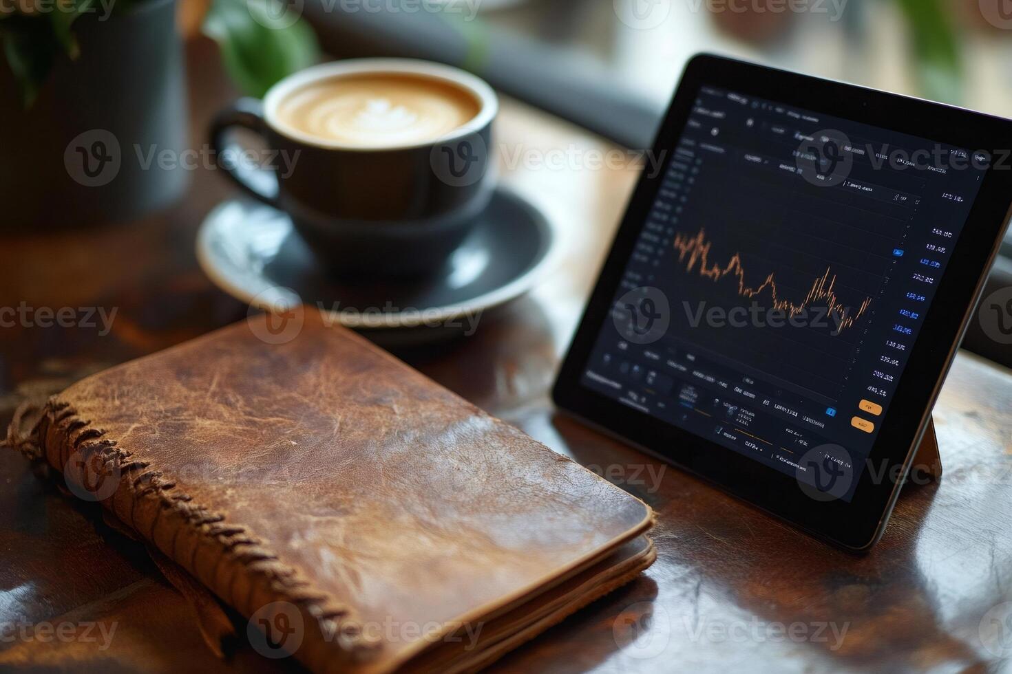 Businessman analyzing financial charts on tablet in cafe with coffee and notebook photo