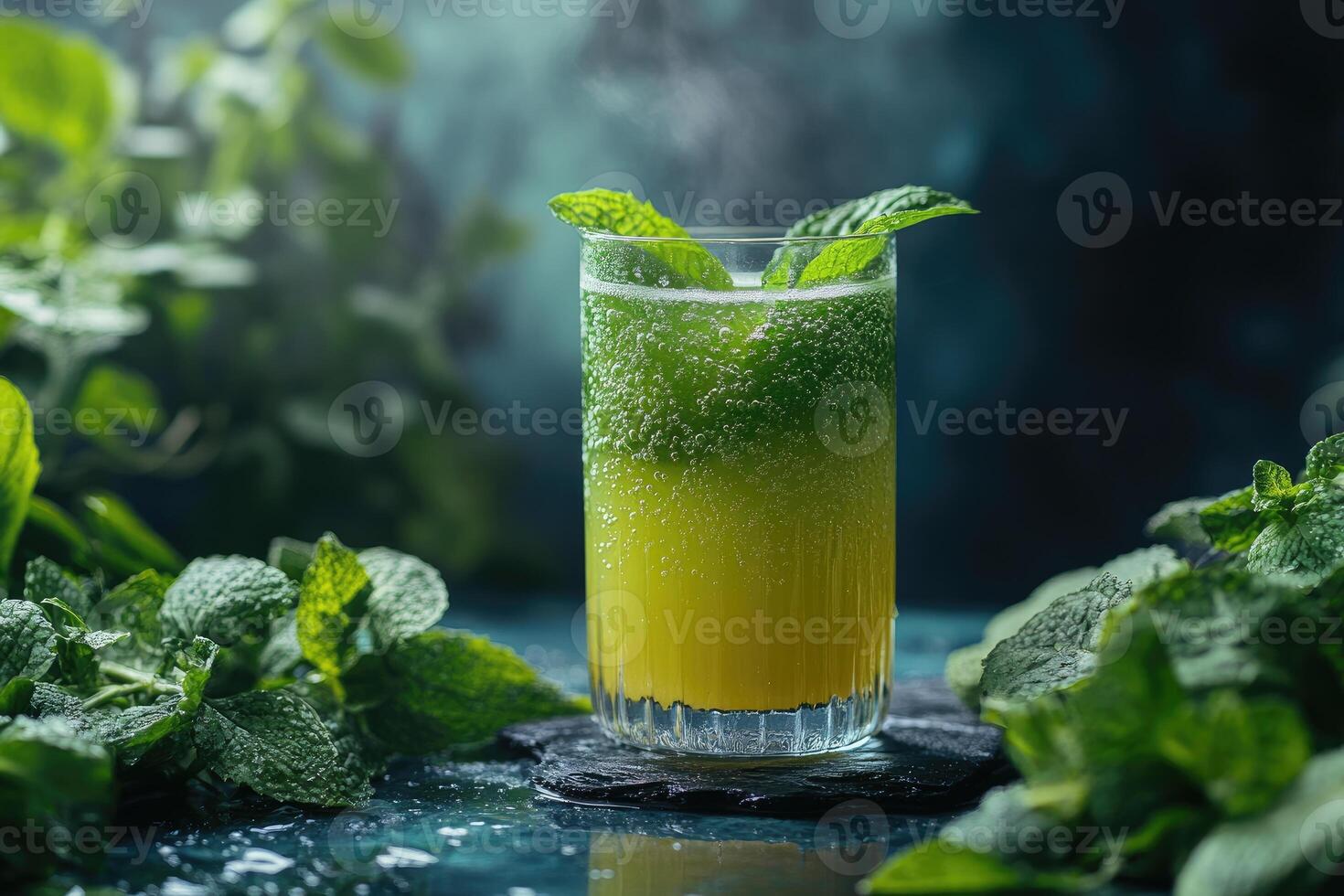 Refreshing green and yellow drink with mint leaves and steam photo