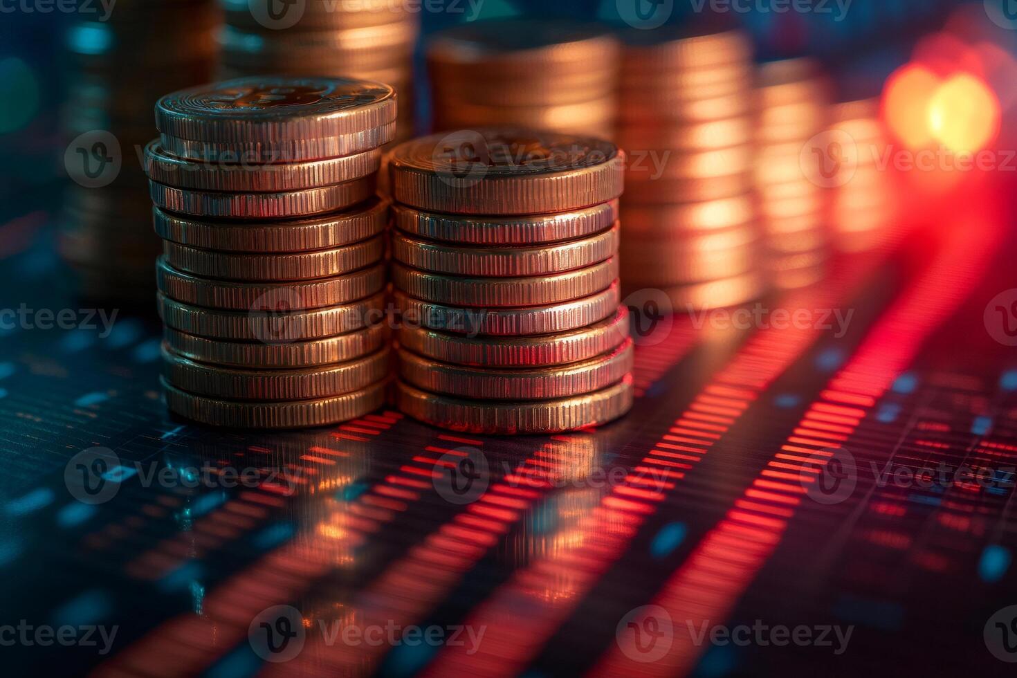 Cryptocurrency coins stacked on financial chart showing red numbers indicating loss photo