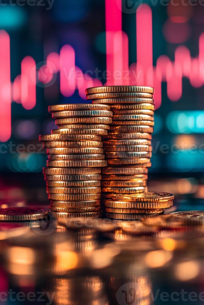 Stacks of gold coins reflecting on surface with stock market graph showing decrease in background photo