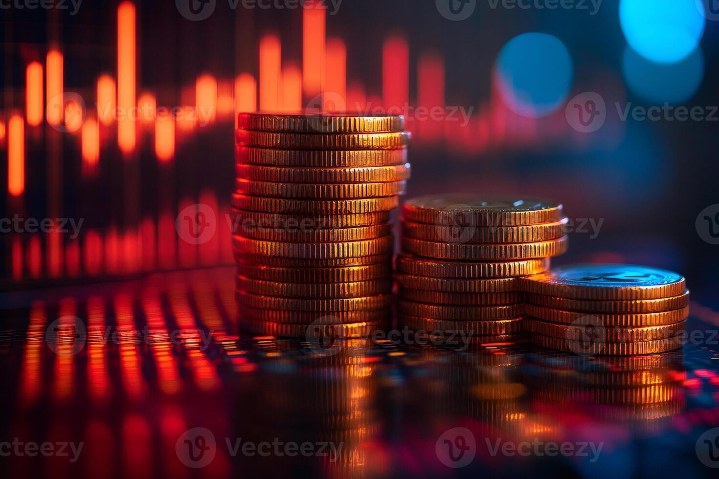 Stacks of gold coins showing decrease with red stock market graph showing crisis photo