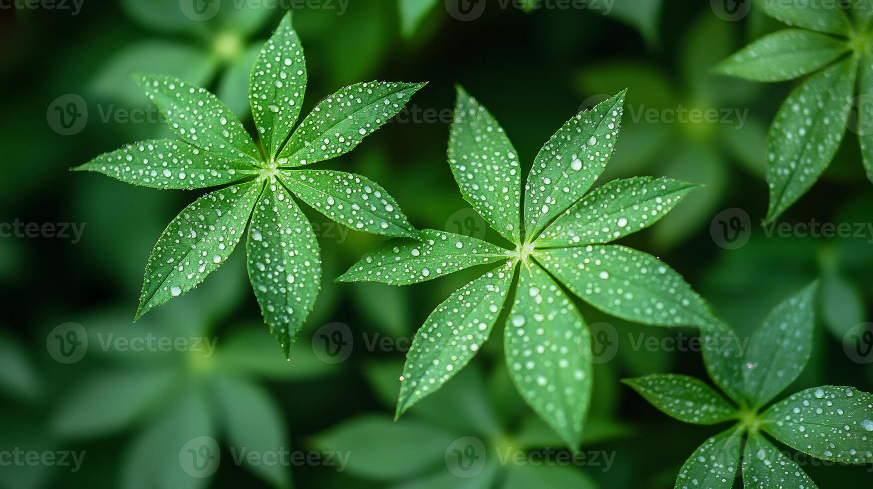 Fresh green leaves covered with sparkling water drops in the forest photo