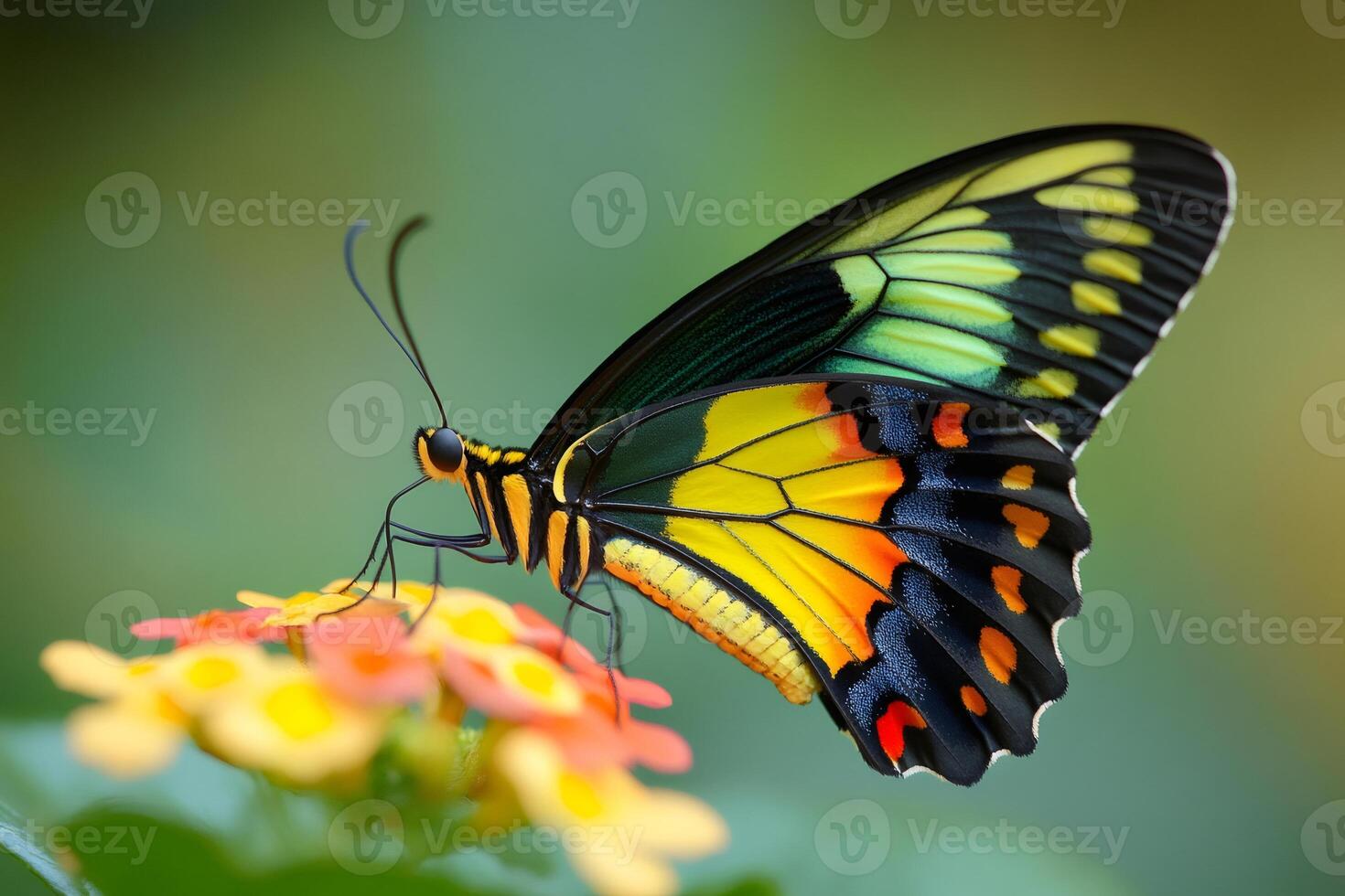 Close up of a colorful butterfly extracting nectar from a flower photo