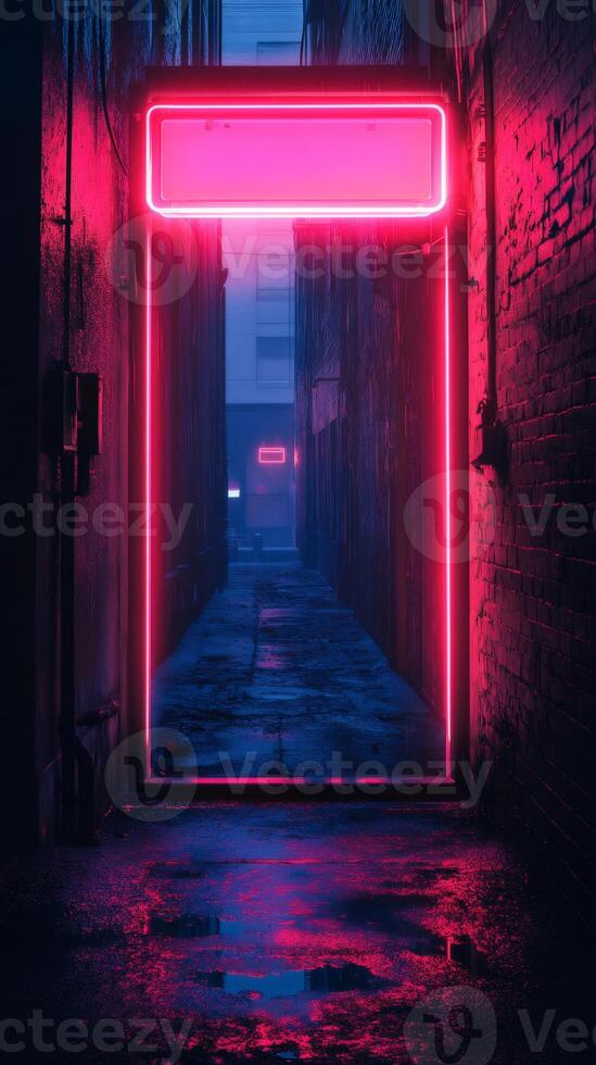Neon sign illuminating dark alleyway in futuristic cityscape photo