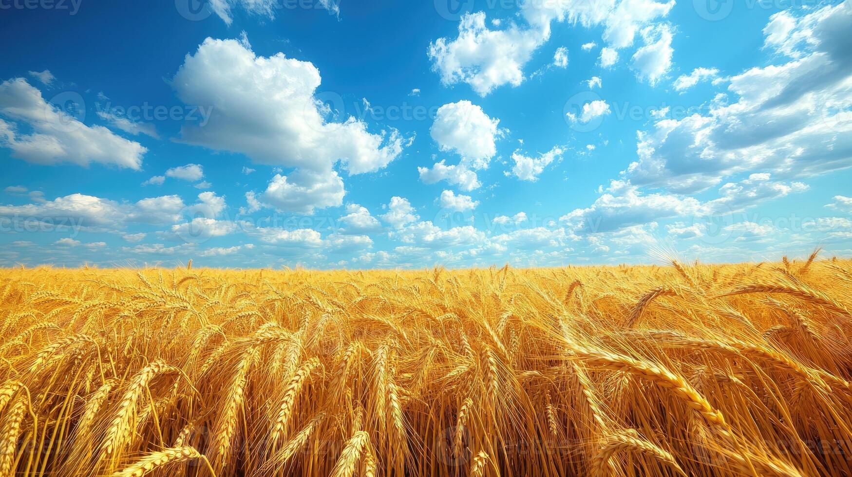 Golden wheat field swaying under summer blue sky with fluffy white clouds photo