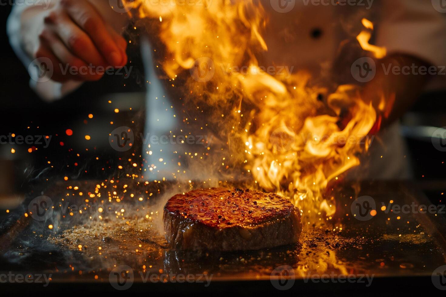 Chef adding spices to a burning steak on a hot plate photo